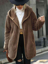 Open Front Ribbed Hooded Coat - Trendsi - Flyclothing LLC