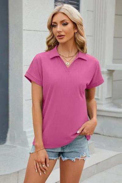Johnny Collar Short Sleeve Blouse - Trendsi - Flyclothing LLC