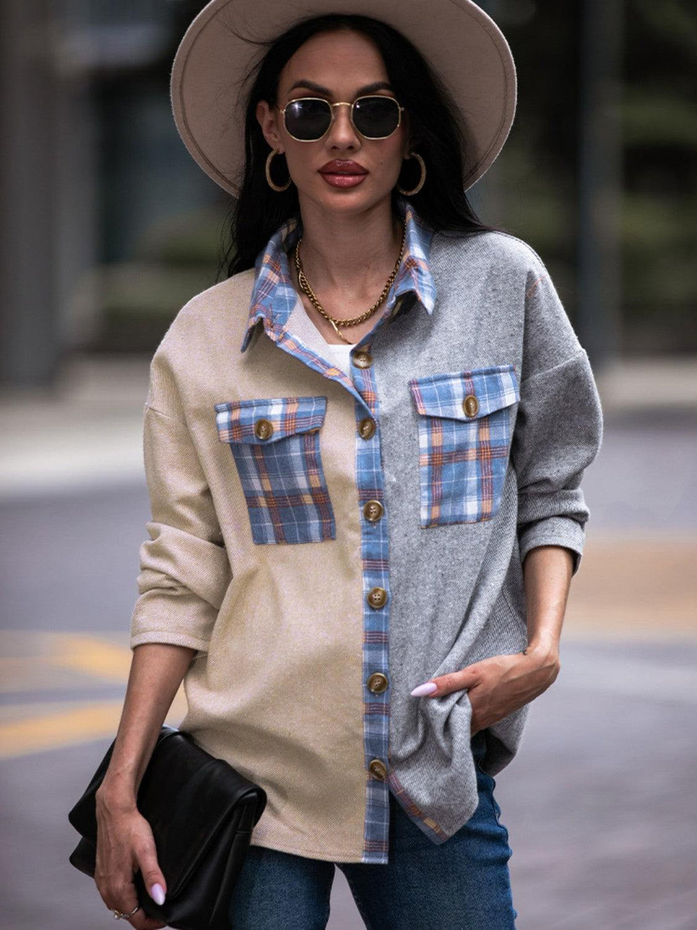 Plaid Contrast Drop Shoulder Shacket - Trendsi