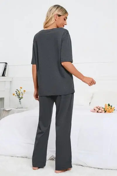Slit Round Neck Top and Pants Lounge Set - Trendsi - Flyclothing LLC
