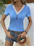 Lace Trim V-Neck Short Sleeve Blouse - Trendsi - Flyclothing LLC