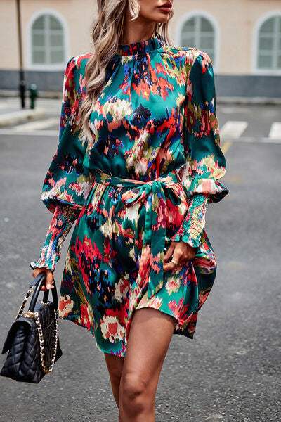 Printed Tie Waist Mock Neck Lantern Sleeve Dress - Trendsi - Flyclothing LLC
