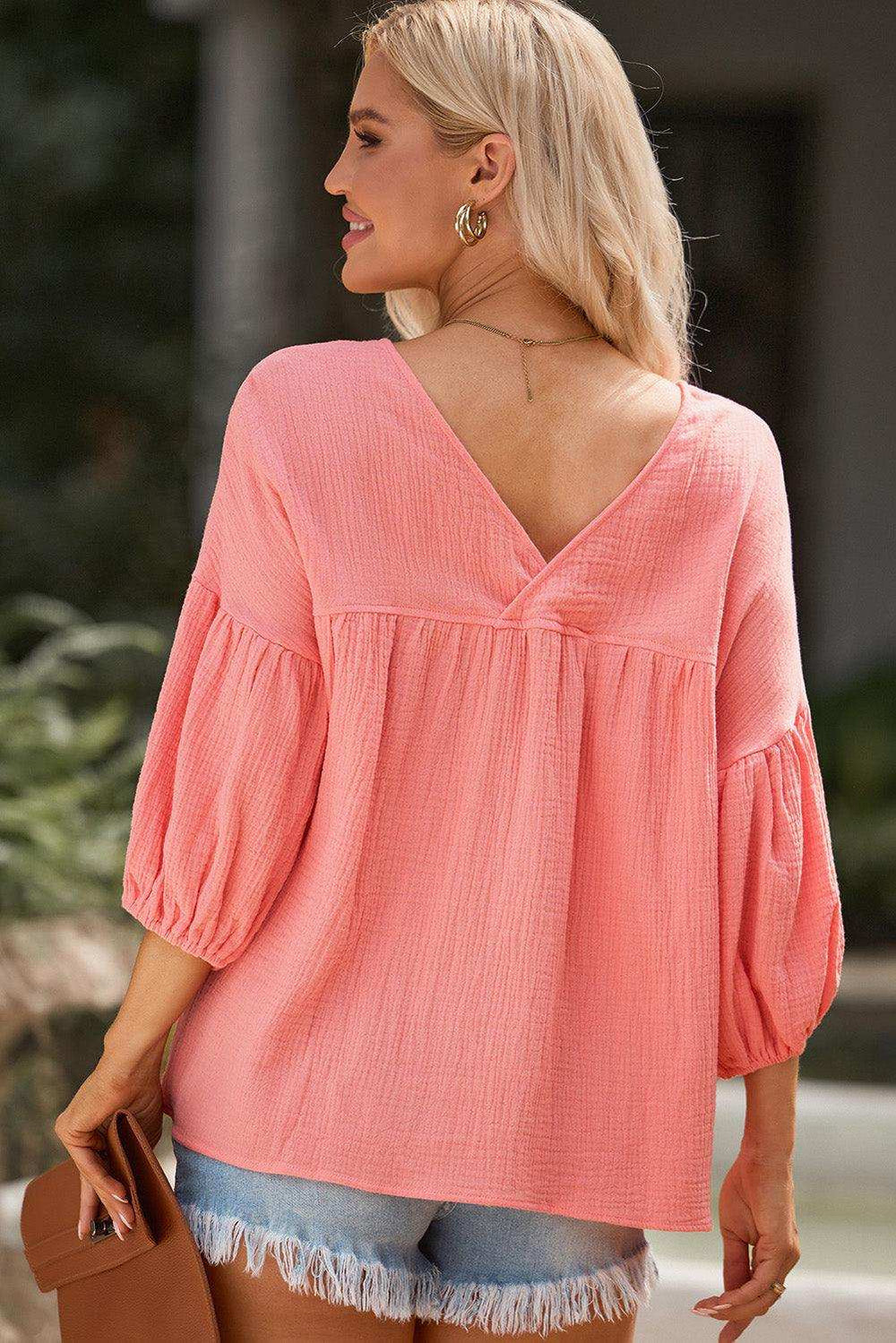 Dropped Shoulder V-Neck Blouse - Trendsi - Flyclothing LLC