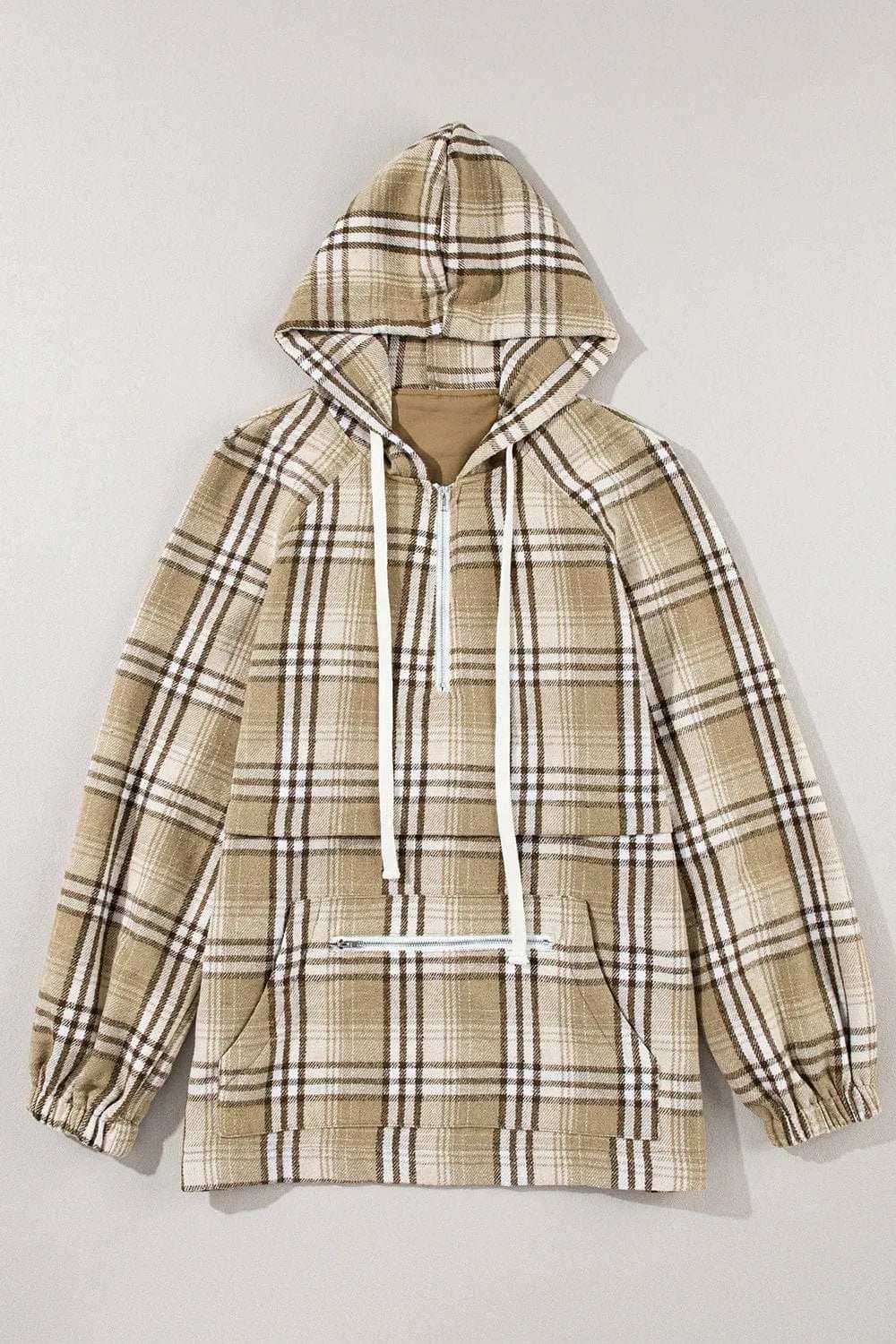Drawstring Plaid Half Zip Raglan Sleeve Hoodie - Trendsi - Flyclothing LLC