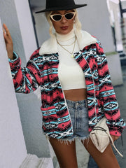 Geometric Zip-Up Collared Jacket - Trendsi