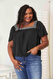 Double Take Contrast Square Neck Puff Sleeve Blouse - Trendsi - Flyclothing LLC