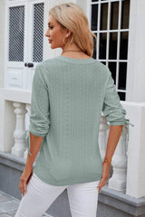 Eyelet Drawstring V-Neck Half Sleeve T-Shirt - Trendsi - Flyclothing LLC