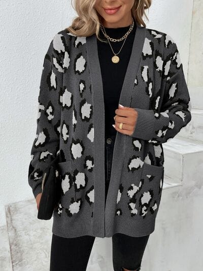 Leopard Open Front Dropped Shoulder Cardigan - Trendsi