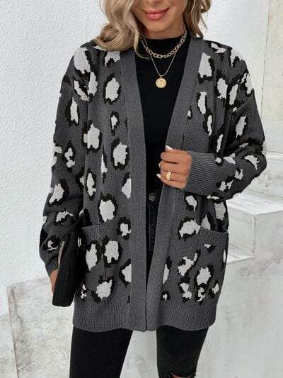 Leopard Open Front Dropped Shoulder Cardigan - Trendsi - Flyclothing LLC