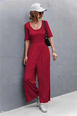 Scoop Neck Half Sleeve Wide Leg Jumpsuit - Trendsi - Flyclothing LLC