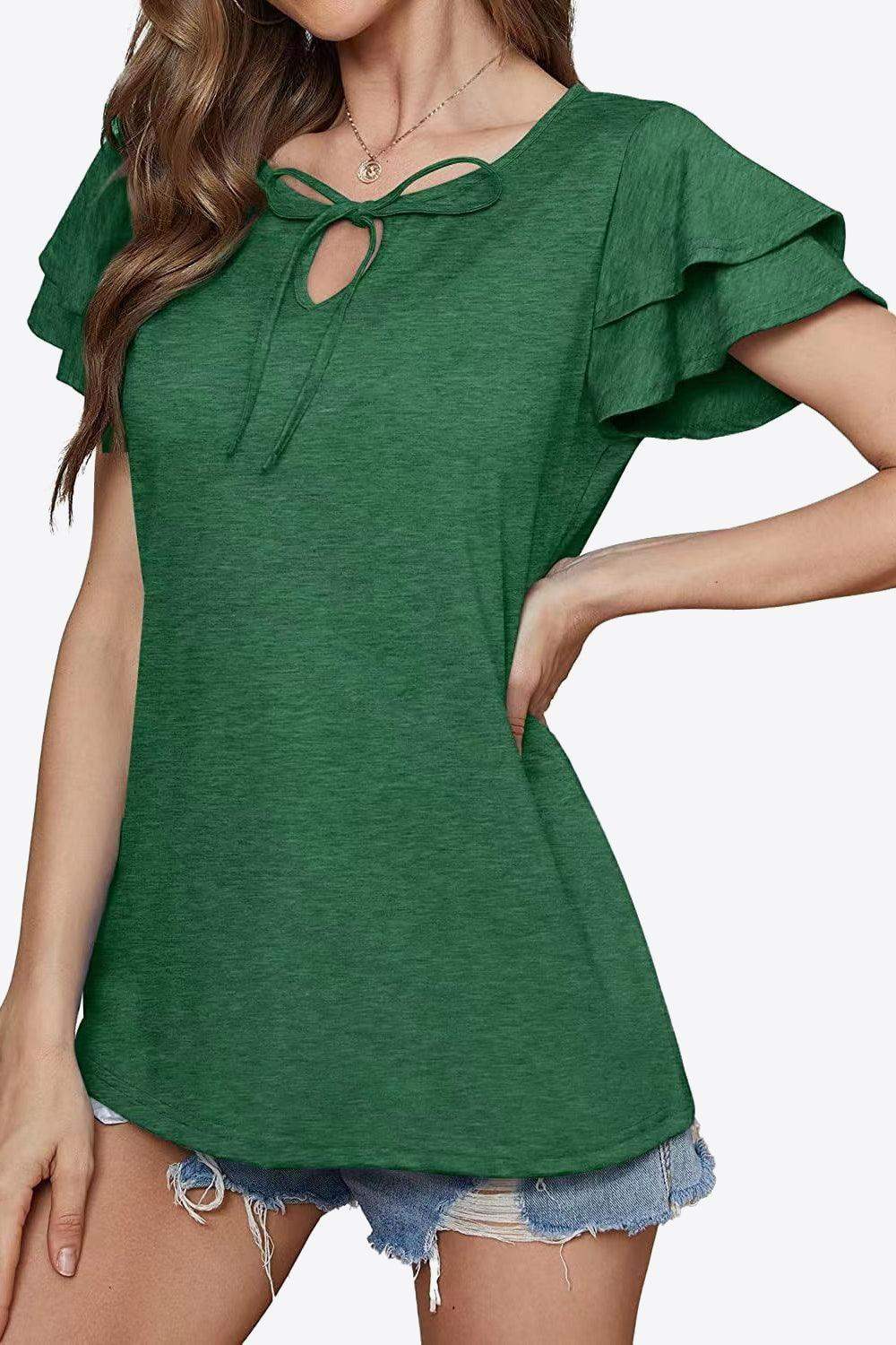 Tie-Neck Layered Flutter Sleeve Blouse - Trendsi - Flyclothing LLC