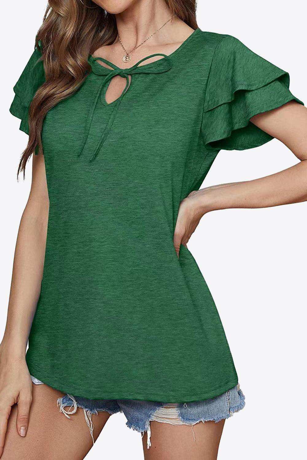 Tie-Neck Layered Flutter Sleeve Blouse - Trendsi - Flyclothing LLC