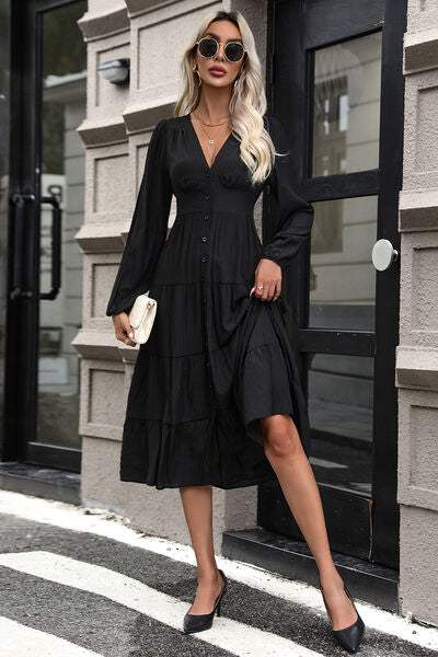 Tiered Ruched Button Up Midi Dress - Trendsi - Flyclothing LLC