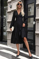 Tiered Ruched Button Up Midi Dress - Trendsi - Flyclothing LLC