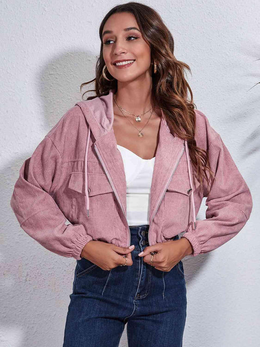 Drawstring Hooded Zip Up Jacket with Pockets - Trendsi