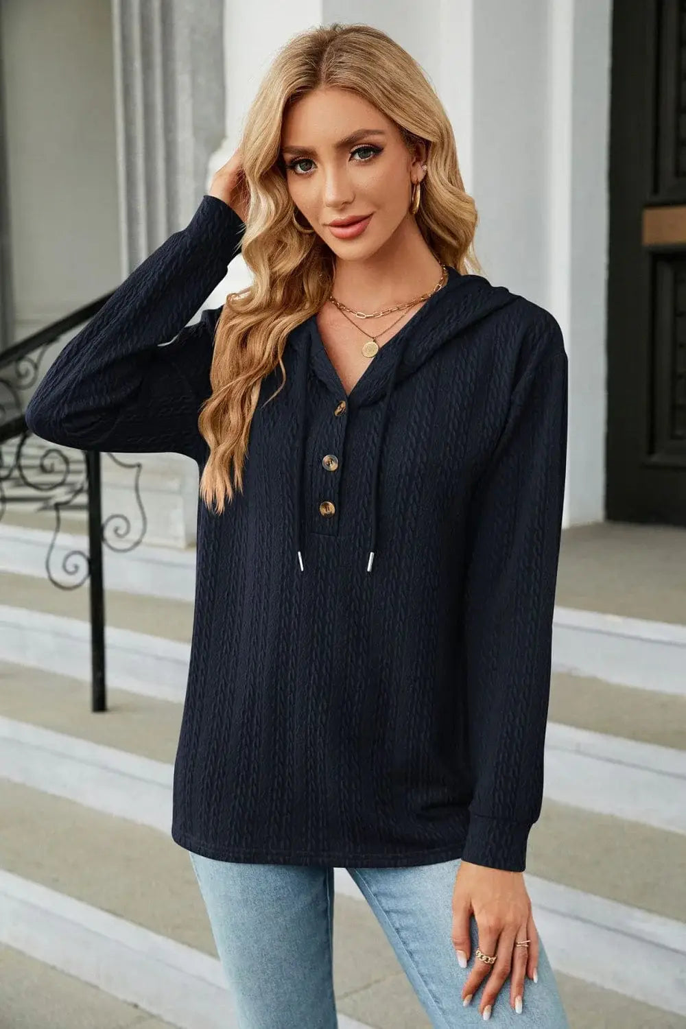 Cable-Knit Long Sleeve Hoodie - Trendsi - Flyclothing LLC
