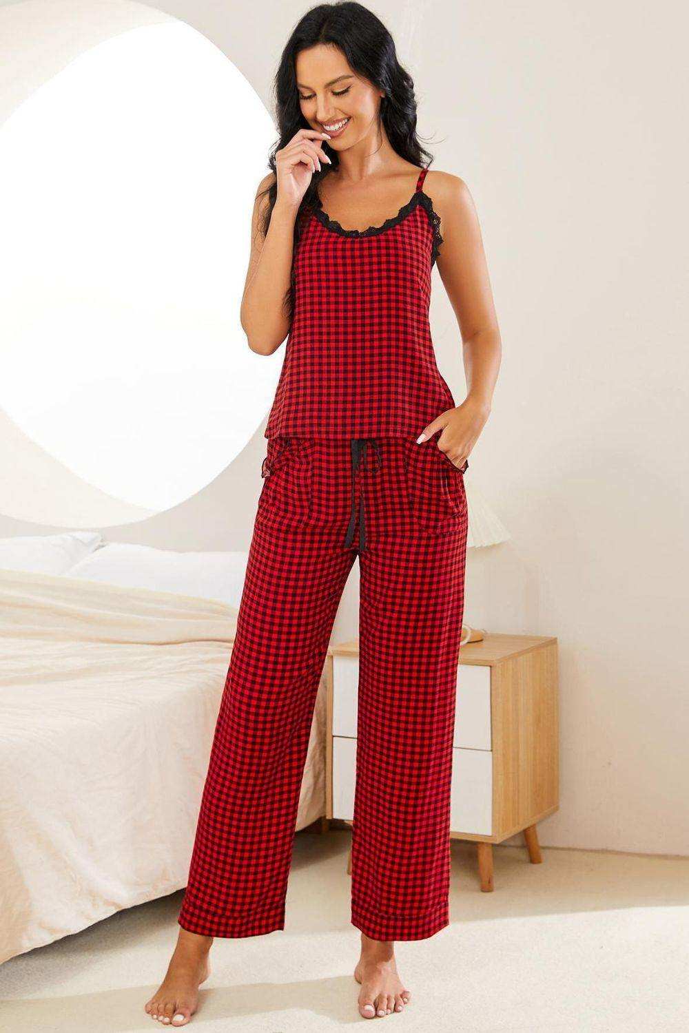 Plaid Lace Trim Cami and Drawstring Pants Pajama Set - Trendsi - Flyclothing LLC