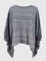 Striped Boat Neck Poncho with Fringes - Trendsi - Flyclothing LLC