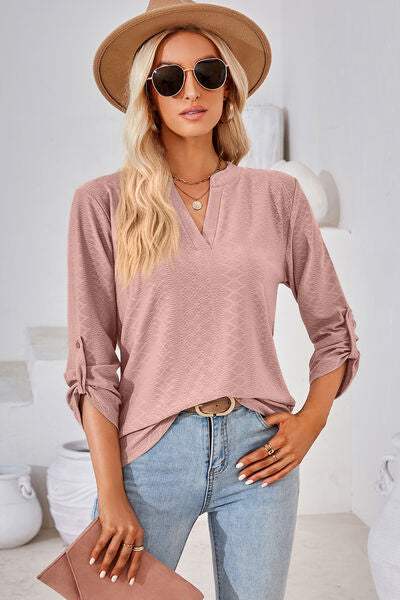 Notched Roll-Tab Sleeve T-Shirt - Trendsi - Flyclothing LLC