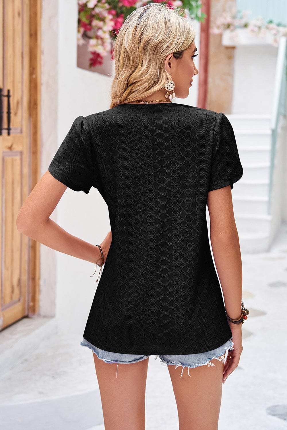 Eyelet V-Neck Petal Sleeve T-Shirt - Trendsi - Flyclothing LLC