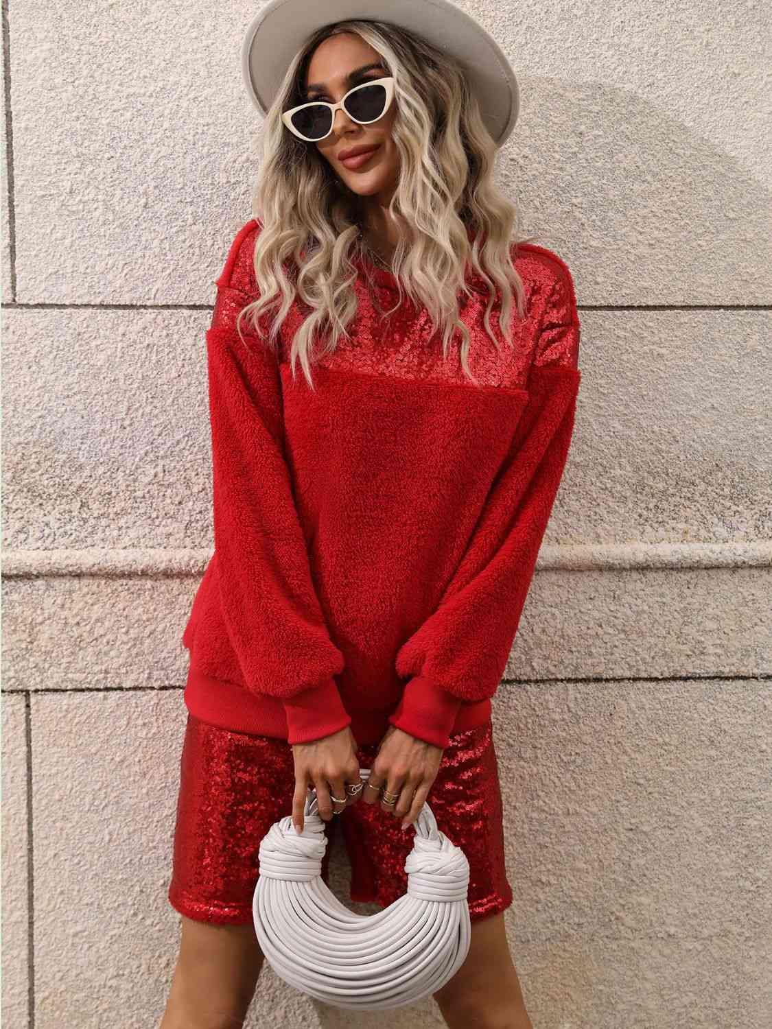 Sequin Teddy Sweatshirt and Shorts Set - Trendsi