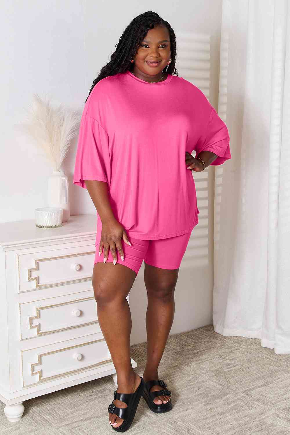 Basic Bae Full Size Soft Rayon Three-Quarter Sleeve Top and Shorts Set - Trendsi - Flyclothing LLC