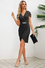 Ruched Surplice Cap Sleeve Mini Dress - Trendsi - Flyclothing LLC