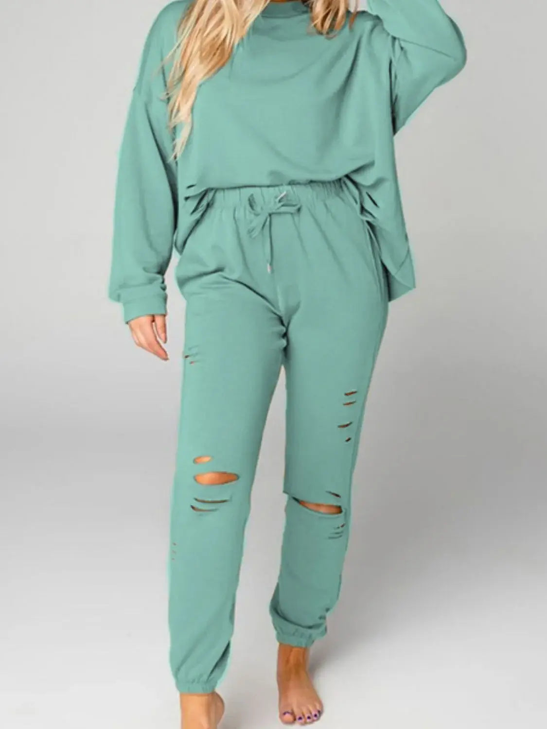 Distressed Sweatshirt and Joggers Set - Trendsi - Flyclothing LLC