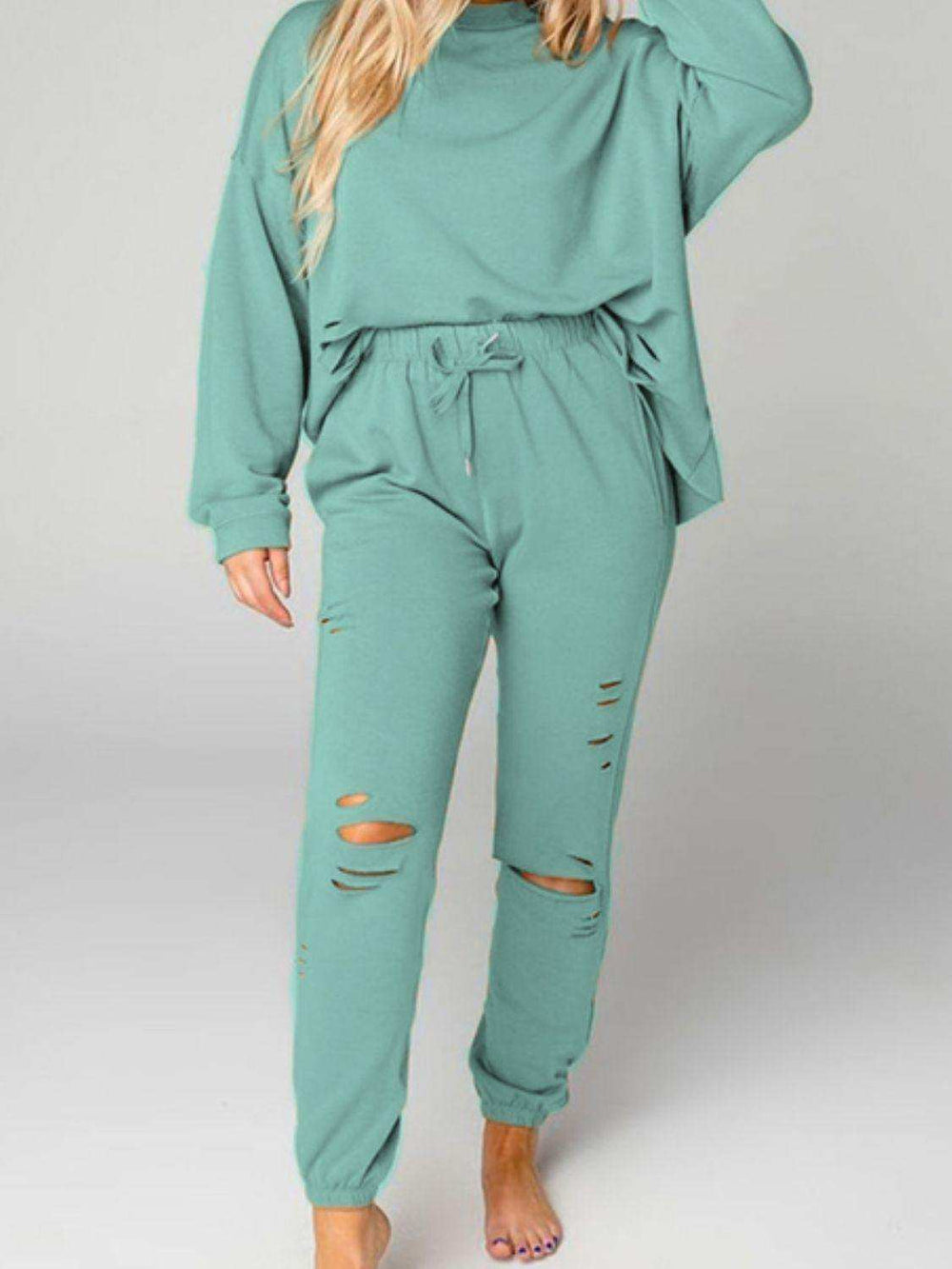 Distressed Sweatshirt and Joggers Set - Trendsi - Flyclothing LLC