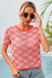 Checkered Short Sleeve Knit Top - Trendsi