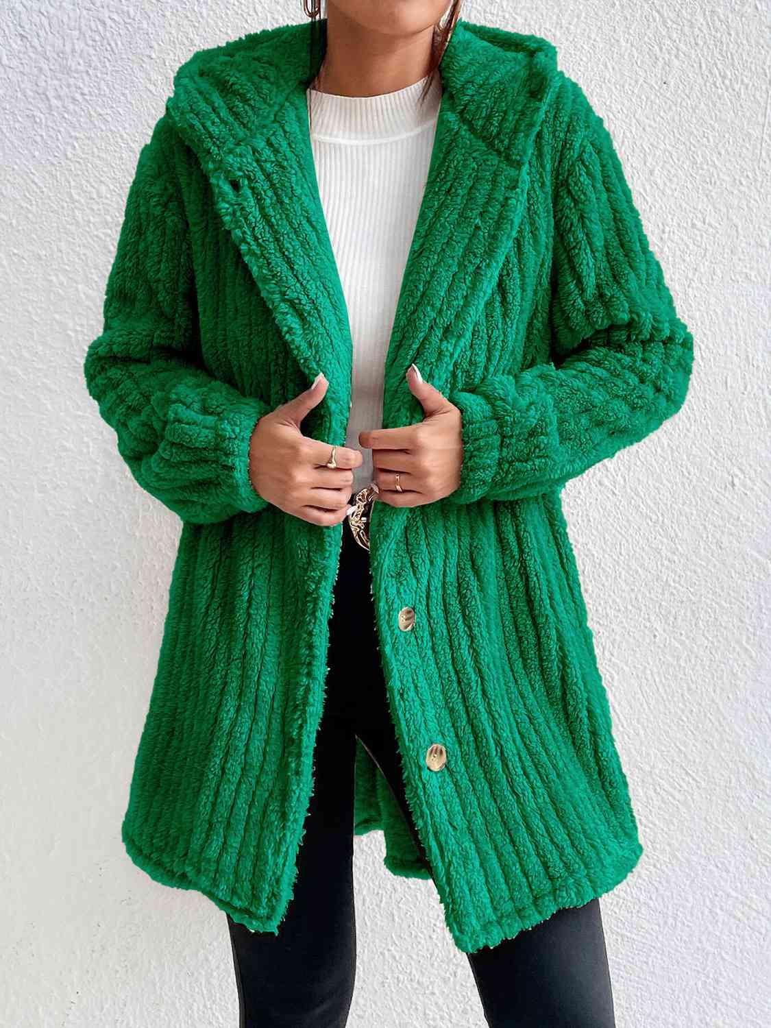 Button Down Hooded Coat - Trendsi