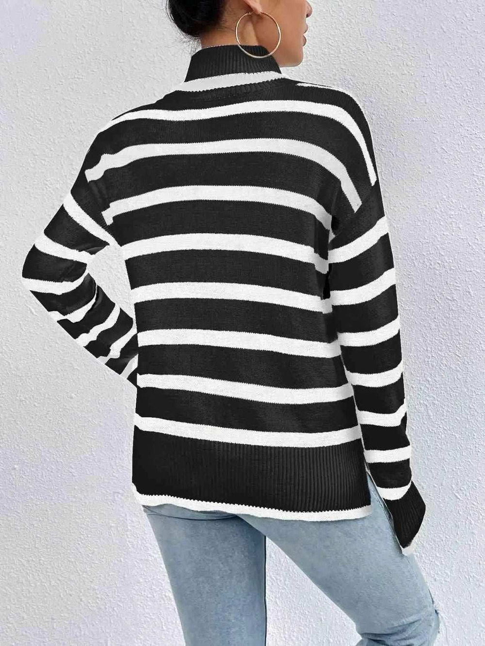 Striped Turtleneck Drop Shoulder Sweater - Trendsi - Flyclothing LLC
