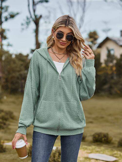 Zip Up Drawstring Long Sleeve Hooded Jacket - Trendsi - Flyclothing LLC