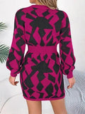 Contrast Round Neck Cutout Long Sleeve Mini Sweater Dress - Trendsi