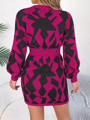 Contrast Round Neck Cutout Long Sleeve Mini Sweater Dress - Trendsi
