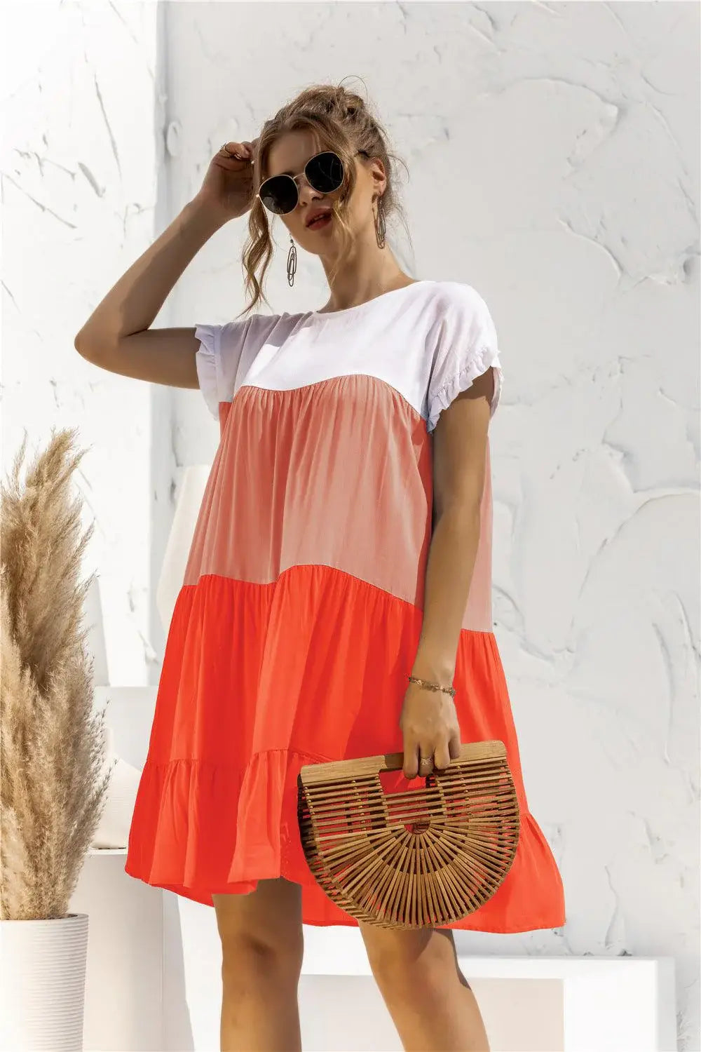 Color Block Round Neck Ruffle Hem Dress - Trendsi - Flyclothing LLC