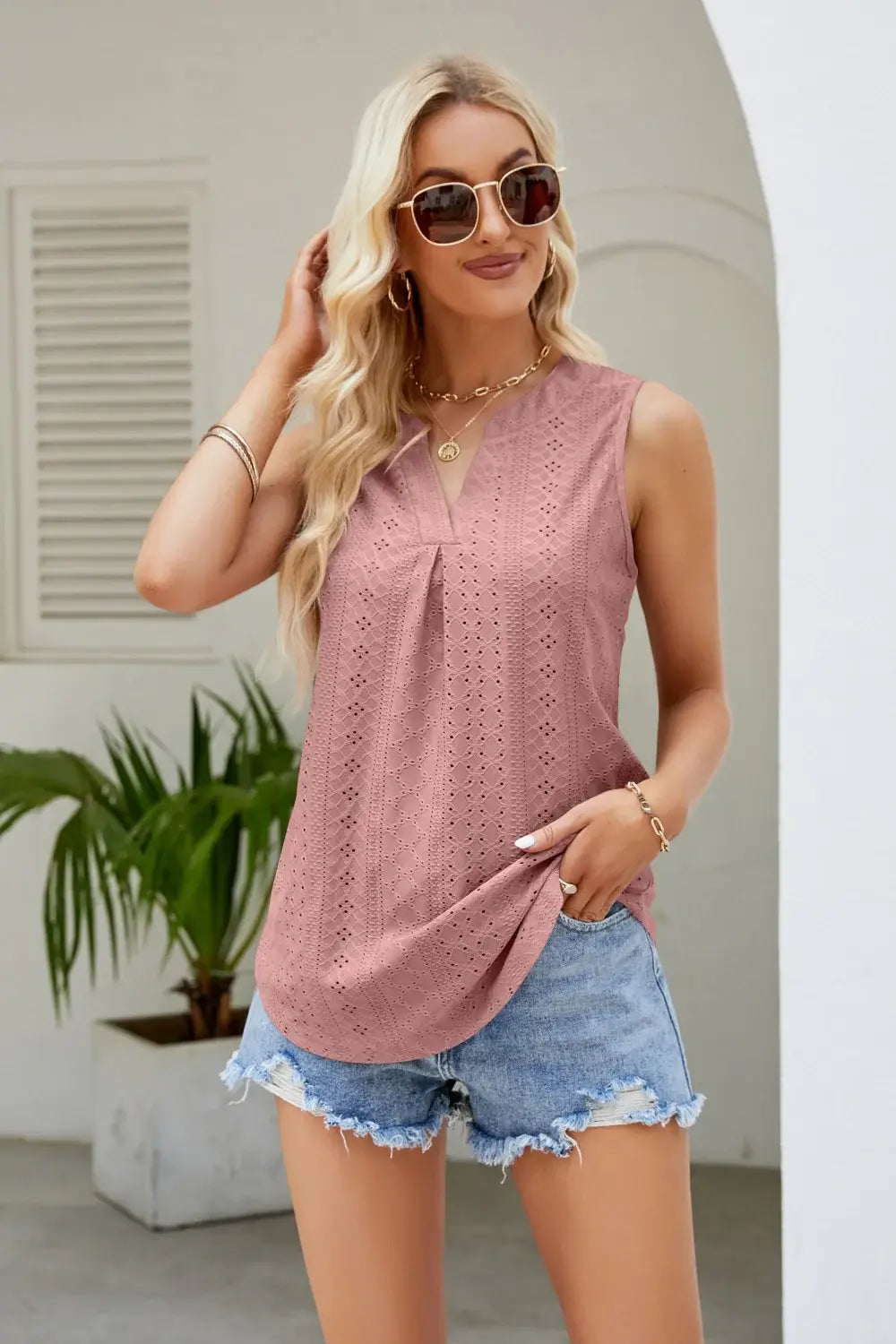 Notched Neck Curved Hem Eyelet Tank - Trendsi - Flyclothing LLC