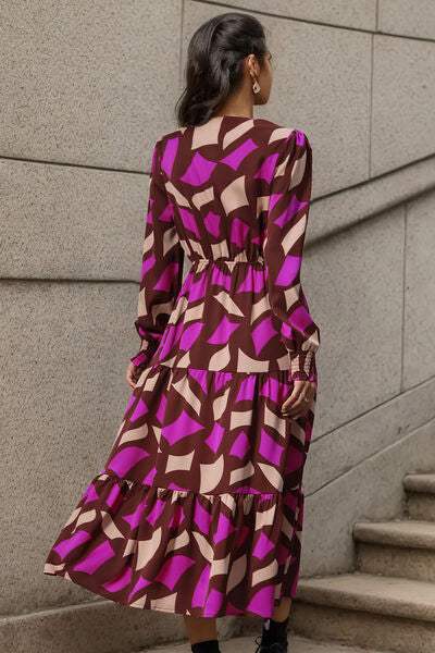 Printed Tied Pocketed Lantern Sleeve Dress - Trendsi - Flyclothing LLC