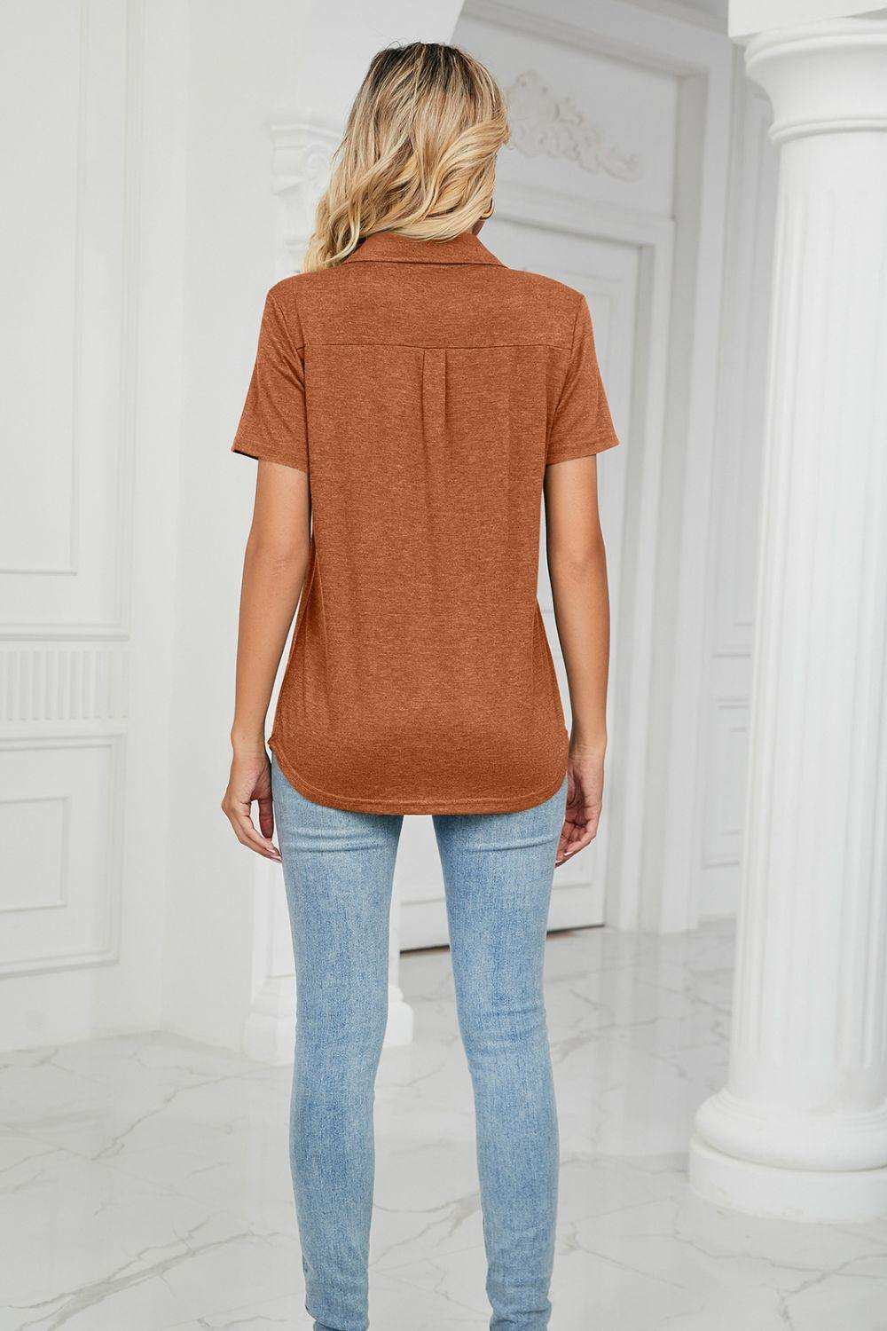 Curved Hem Johnny Collar Polo Shirt - Trendsi - Flyclothing LLC