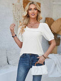 Eyelet Asymmetrical Neck Short Sleeve T-Shirt - Trendsi - Flyclothing LLC