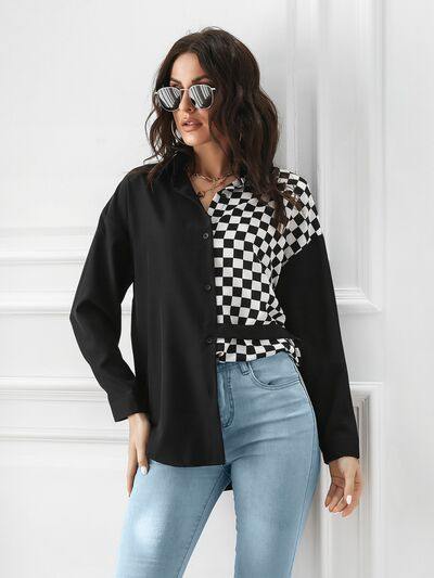 Contrast Button Up Long Sleeve Shirt - Trendsi