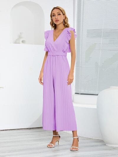 Ruffled Surplice Cap Sleeve Jumpsuit - Trendsi