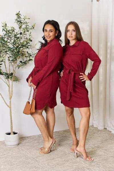 Culture Code Full Size Tie Front Half Zip Long Sleeve Shirt Dress - Trendsi - Flyclothing LLC