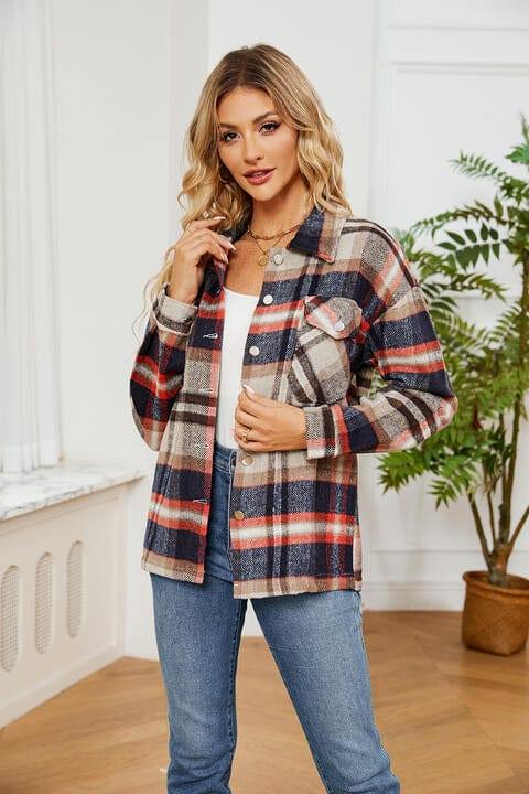 Collared Plaid Shacket - Trendsi