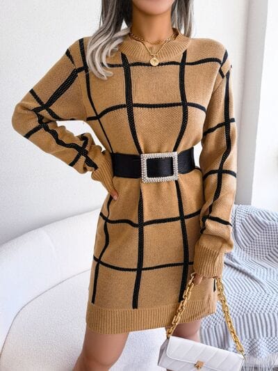 Plaid Round Neck Dropped Shoulder Sweater Dress - Trendsi