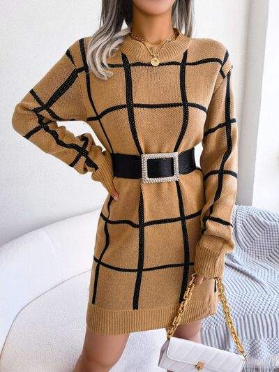 Plaid Round Neck Dropped Shoulder Sweater Dress - Trendsi - Flyclothing LLC