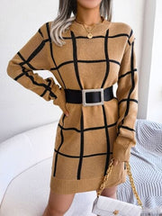 Plaid Round Neck Dropped Shoulder Sweater Dress - Trendsi