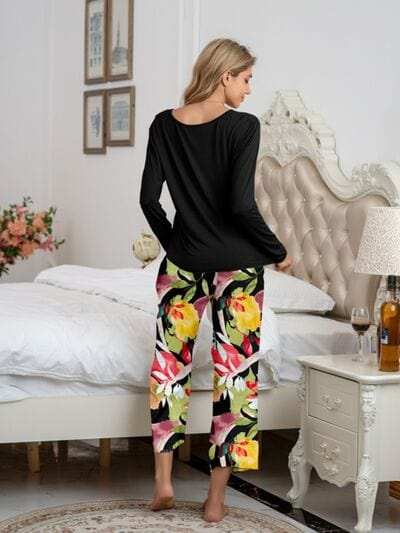 Round Neck Top and Printed Pants Lounge Set - Trendsi - Flyclothing LLC