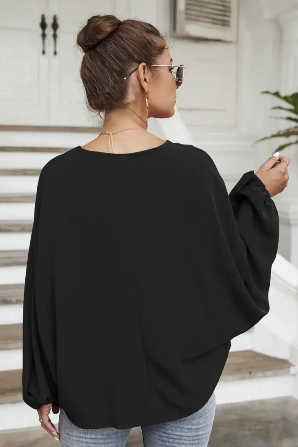 Tie Neck Balloon Sleeve Blouse - Trendsi - Flyclothing LLC