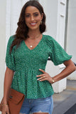 Smocked Balloon Sleeve Peplum Blouse - Trendsi - Flyclothing LLC
